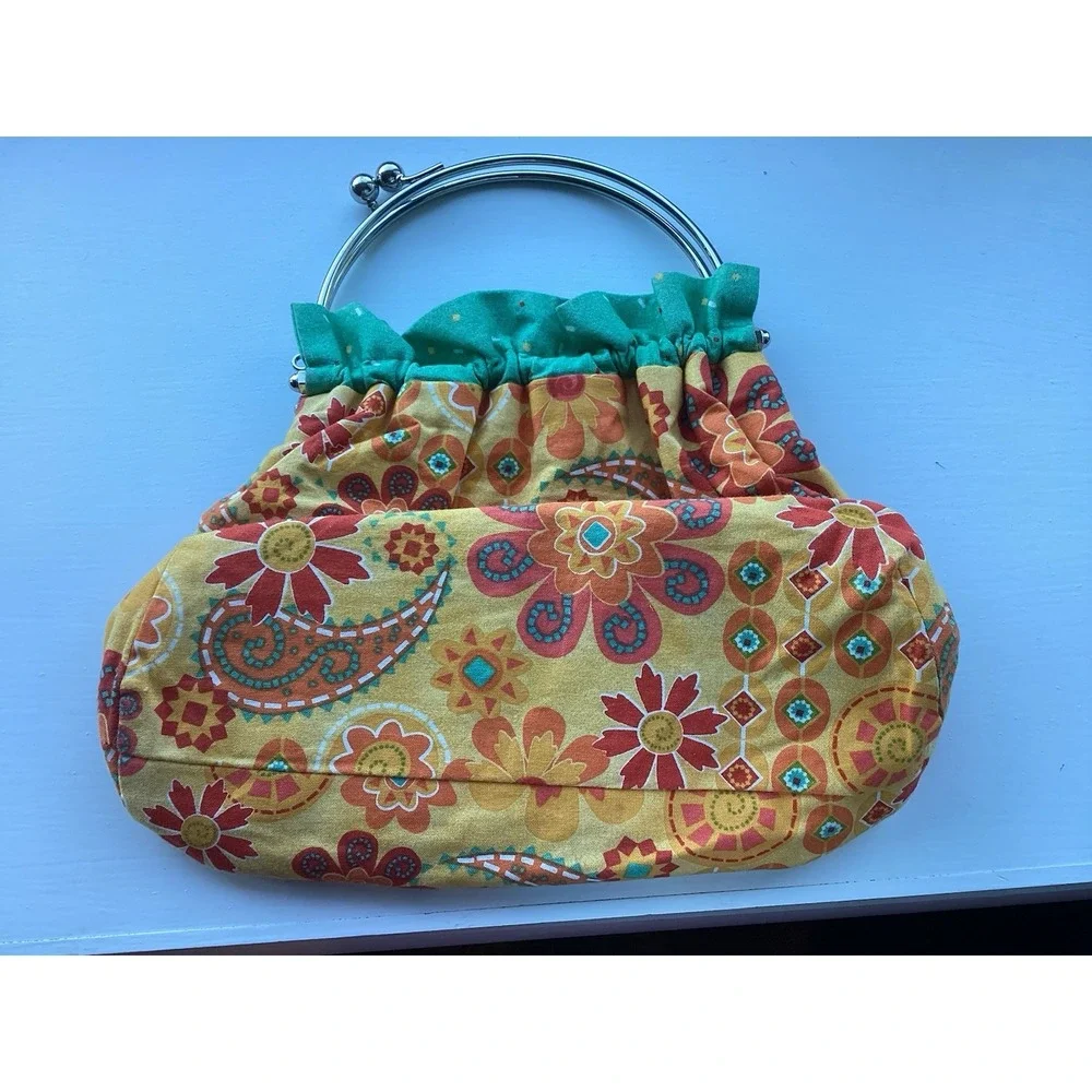 VTG‎ Handmade Purse w/ Silver Metal Circular Handle Vibrant Colors! Boho
